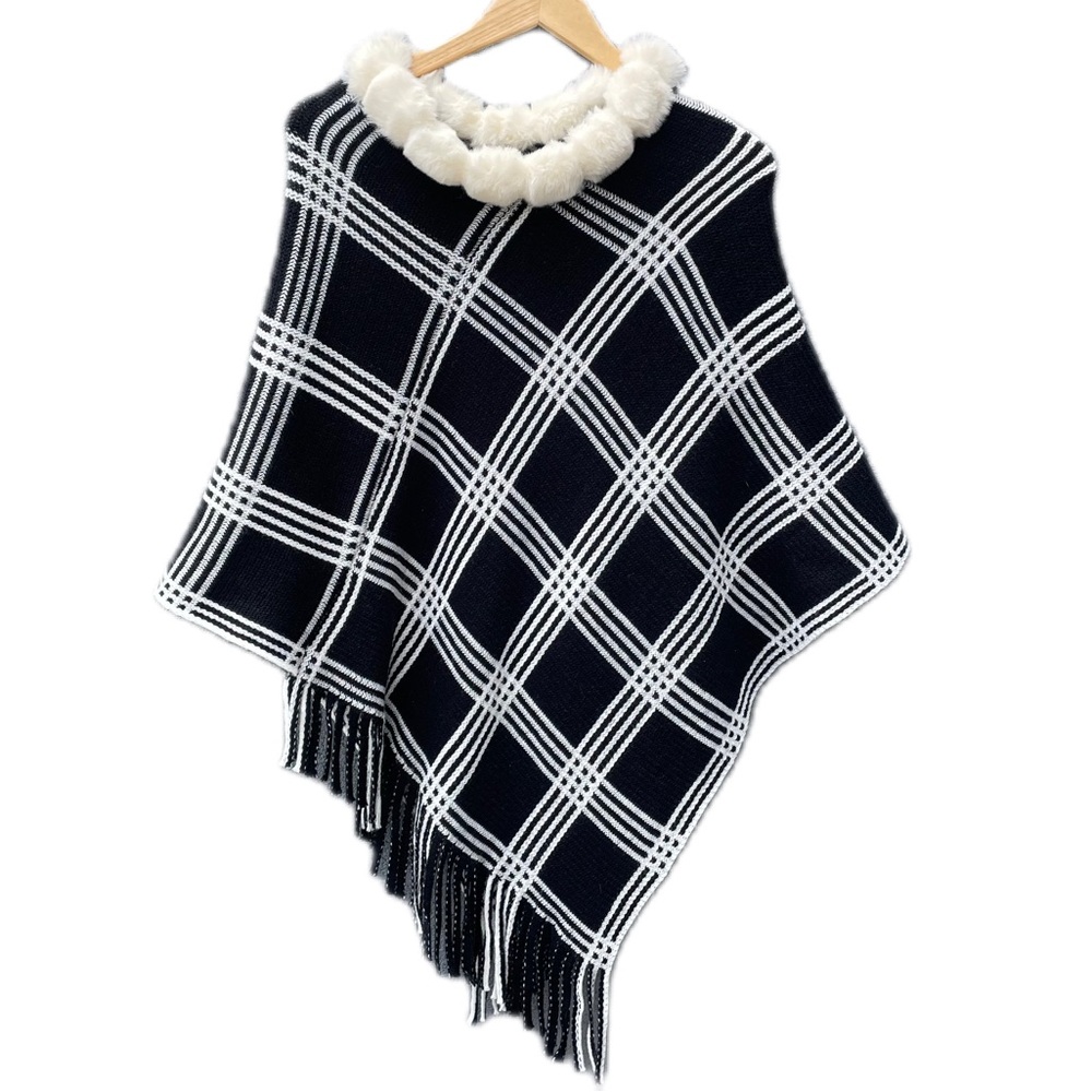 Dashing Black White Plaid Checkered Poncho Fur Cape